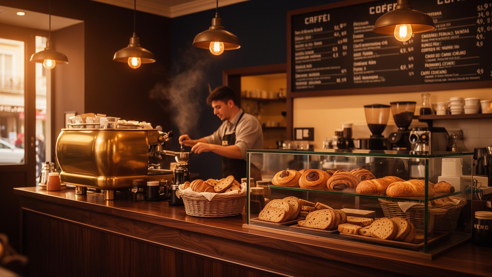 Cafe Napoli coffeehouse interior with brass espresso machine and fresh pastries